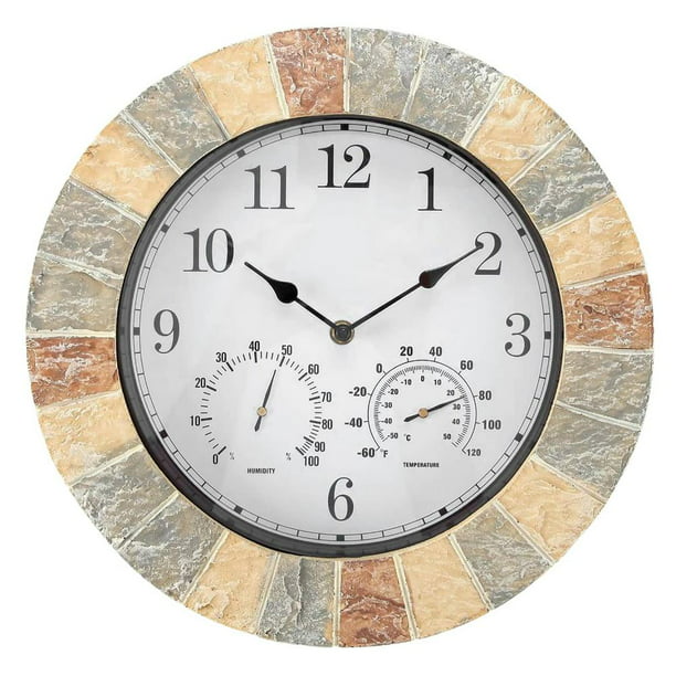 Outdoor Sandstone Effect Wall Clock and Thermometer Garden Display Slate 14" dia